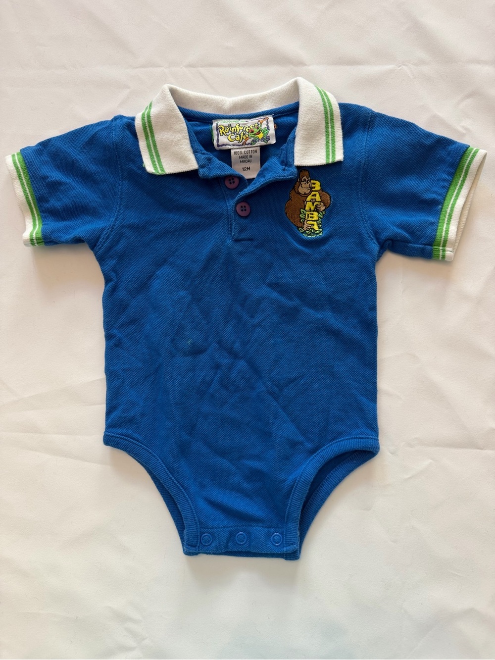 Vintage Rainforest Cafe Blue Polo-Style Baby One-Piece with White & Green Trim